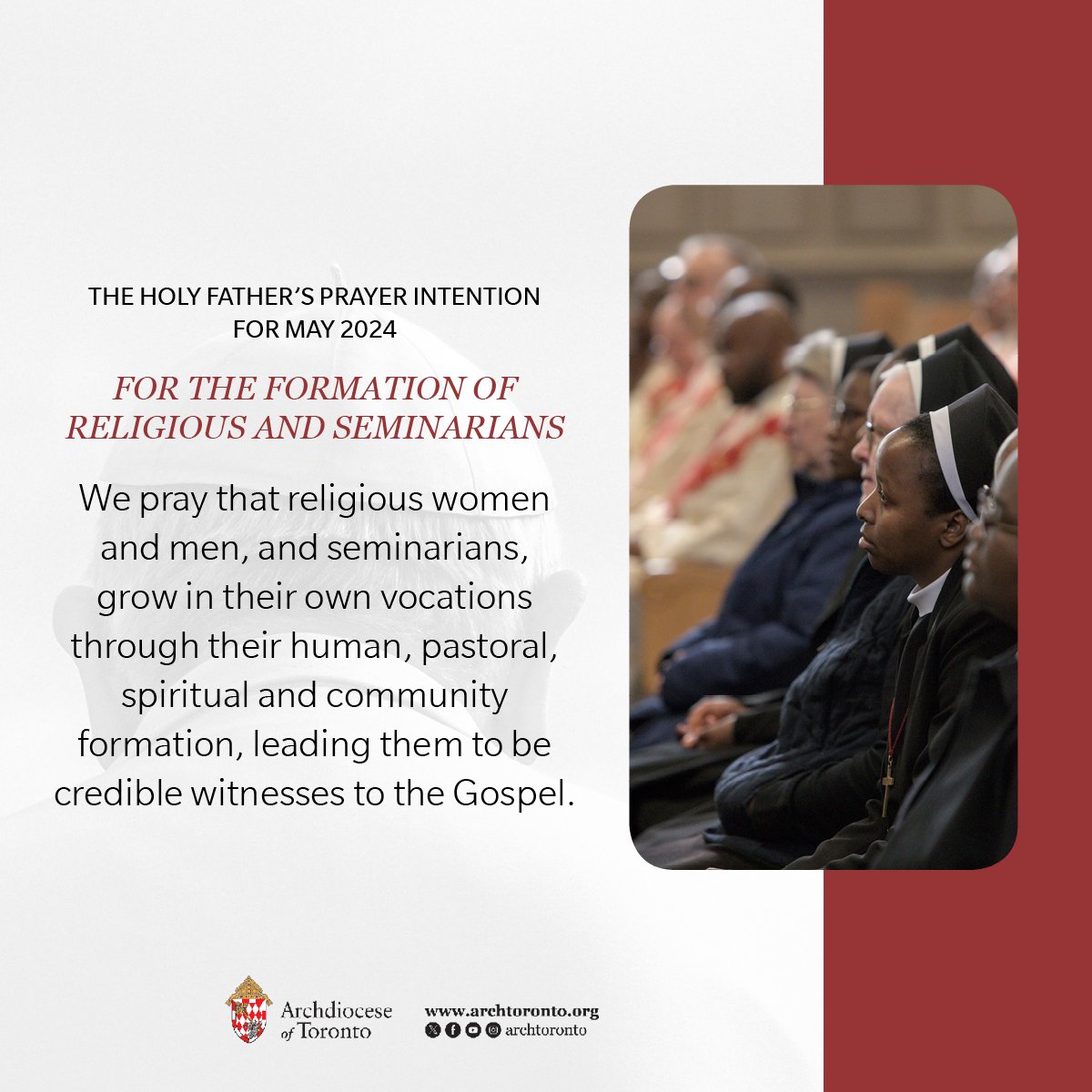 This month, we join Pope Francis in praying that religious women and men, and seminarians, grow in their own vocations through their human, pastoral, spiritual and community formation, leading them to be credible witnesses to the Gospel. #PrayTogether