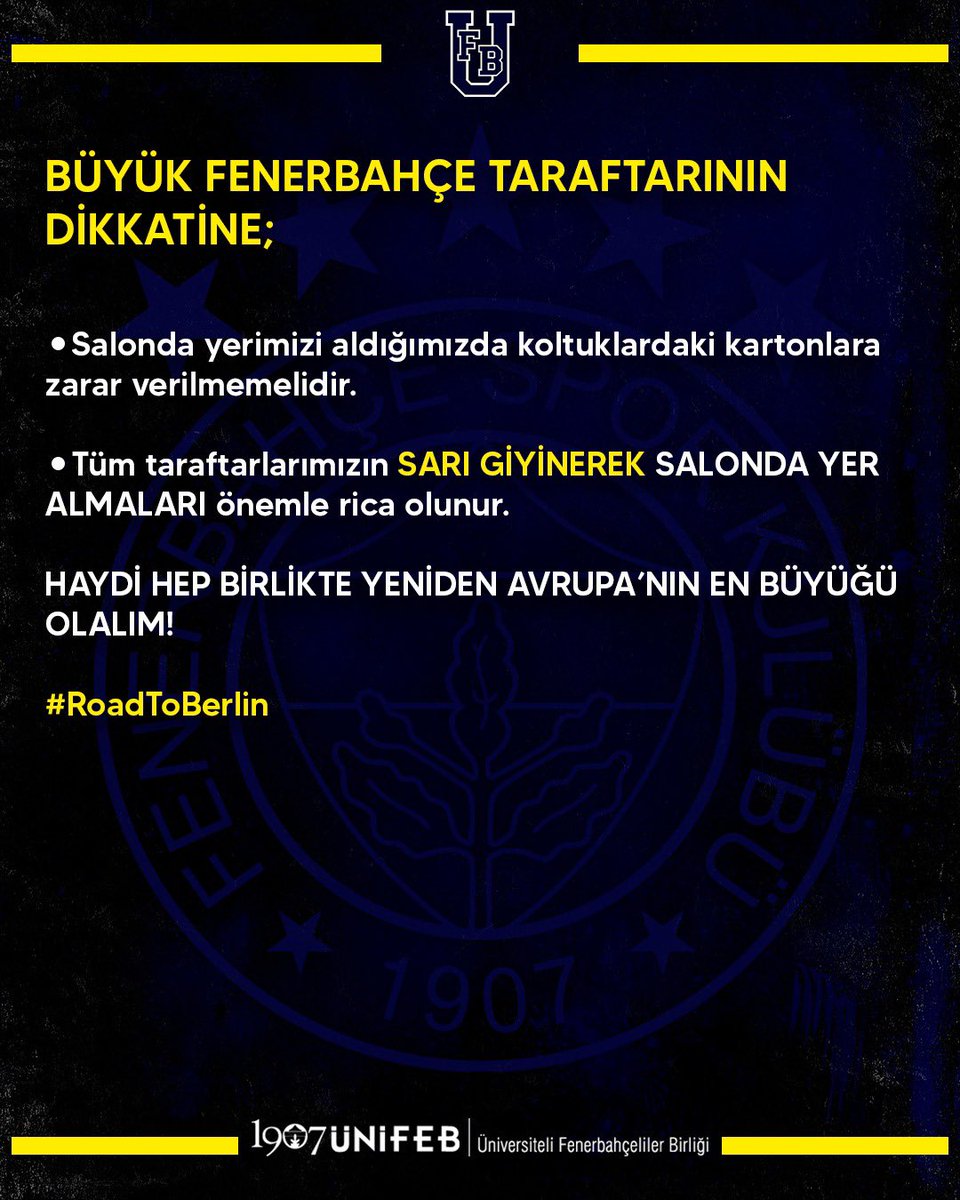 BÜYÜK FENERBAHÇE TARAFTARININ DİKKATİNE; Gerçekleştireceğimiz koreografi için koltuklarınıza bıraktığımız yönergelere ve görevli arkadaşlarımızın talimatlarına uymanızı rica ediyoruz. #RoadToBerlin