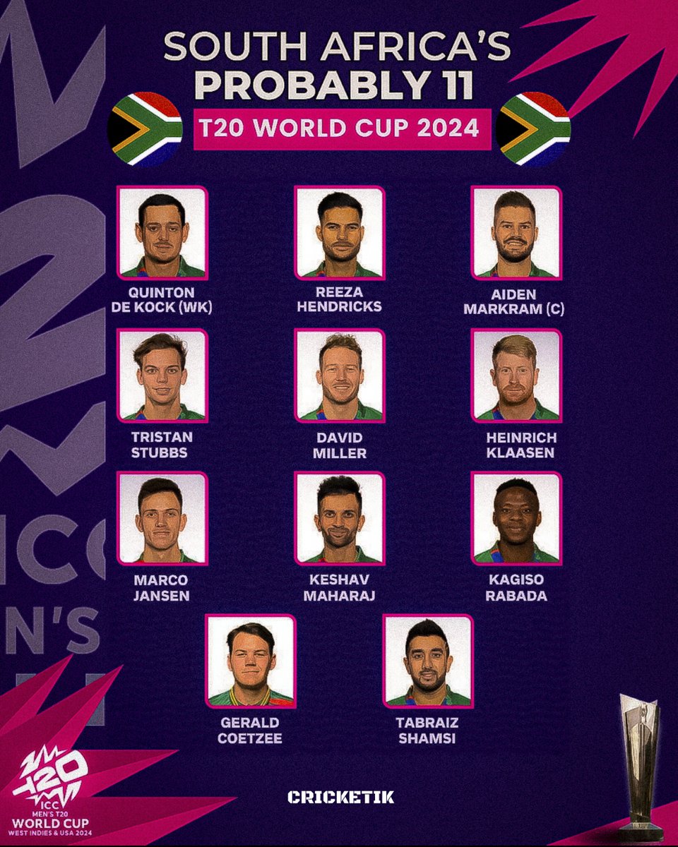 Presenting the potential XI lineup for South Africa in the upcoming T20 World Cup 2024! 🇿🇦🏏

Can this squad pave the way for South Africa's first-ever T20 World Cup triumph? 🏆🤔

#T20WorldCup #SouthAfrica #CricketTwitter #RoadToGlory