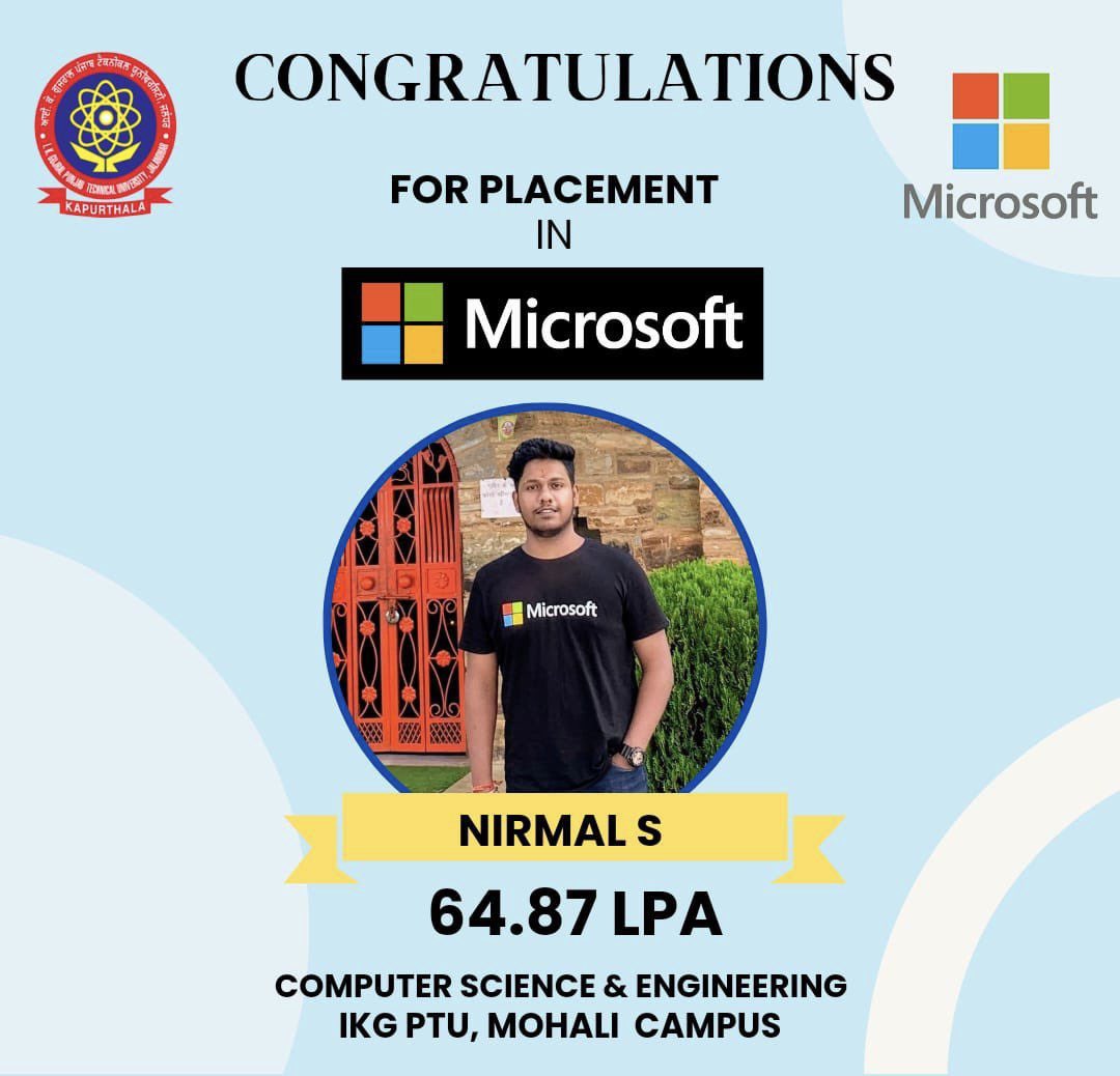 🚀🎉 Breaking News! 🎉🚀

👨‍🎓 Meet IKGPTU’s shining star, Nirmal, from the Computer Science & Engineering department at IKG PTU, Mohali Campus! 🌟

🌟 We’re thrilled to announce that Nirmal has soared high and secured a prestigious position at Microsoft, with an incredible package…