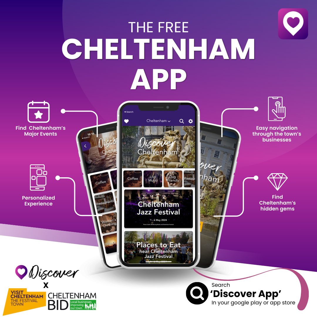 🎉 @TheDiscoverApp_ #Cheltenham is here! 🎉 A FREE app promoting 700 local businesses, events & attractions to visitors & residents! Brought to the town by @CheltenhamBID & Visit Cheltenham, part of @CheltenhamBC, to encourage visitors & residents to shop, eat & stay locally.