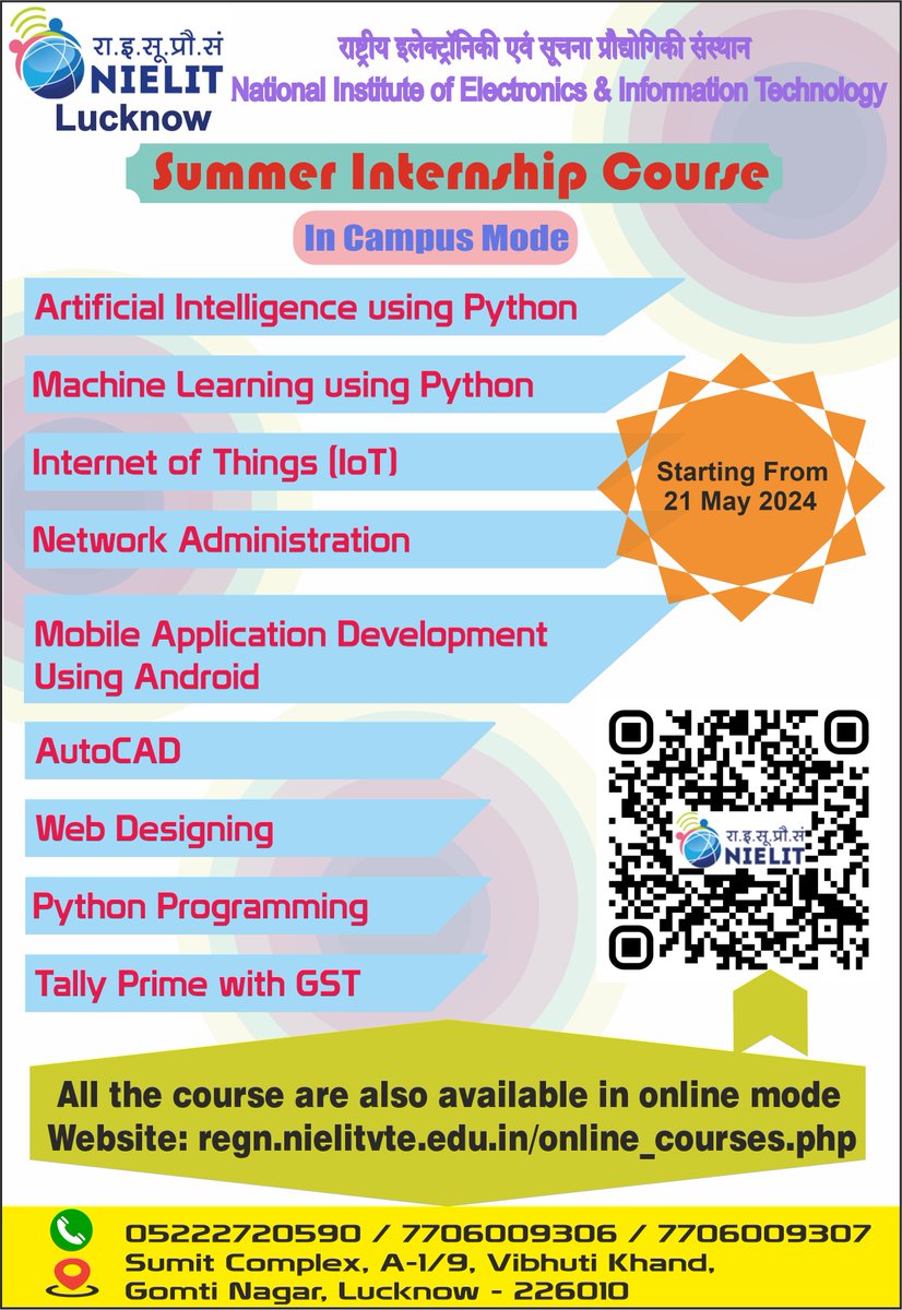 LNW_NIELIT's tweet photo. Summer Internship/industrial training programs at NIELIT Lucknow are set to kick off from 21 May 2024 . Don't miss out the opportunity to enhance your skills &amp; boost your career! #SummerInternship #IndustrialTraining #NIELITCourses https://t.co/XmBvV1nzr4