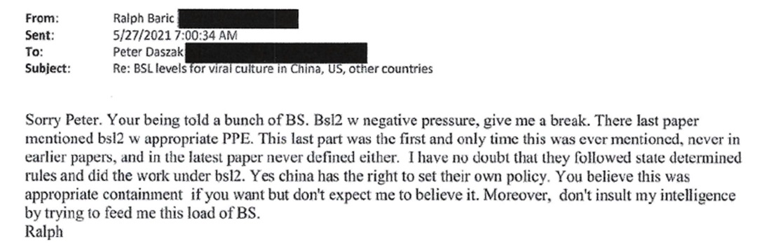 Post pandemic, he emailed @EcoHealthNYC president Peter Daszak that his claim that WIV had appropriate biosafety protocols was 'a load of BS.' /4