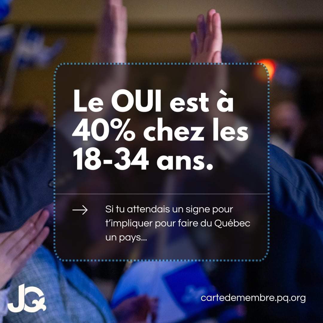 Psst! Le OUI est à 40% chez les jeunes! ⚜️Si tu attendais un signe pour t'impliquer pour faire du Québec un pays...

Le voici: cartedemembre.pq.org 💙

Source: Sondage Pallas, 22 avril 2024. #polqc #paysqc #CNJPQ