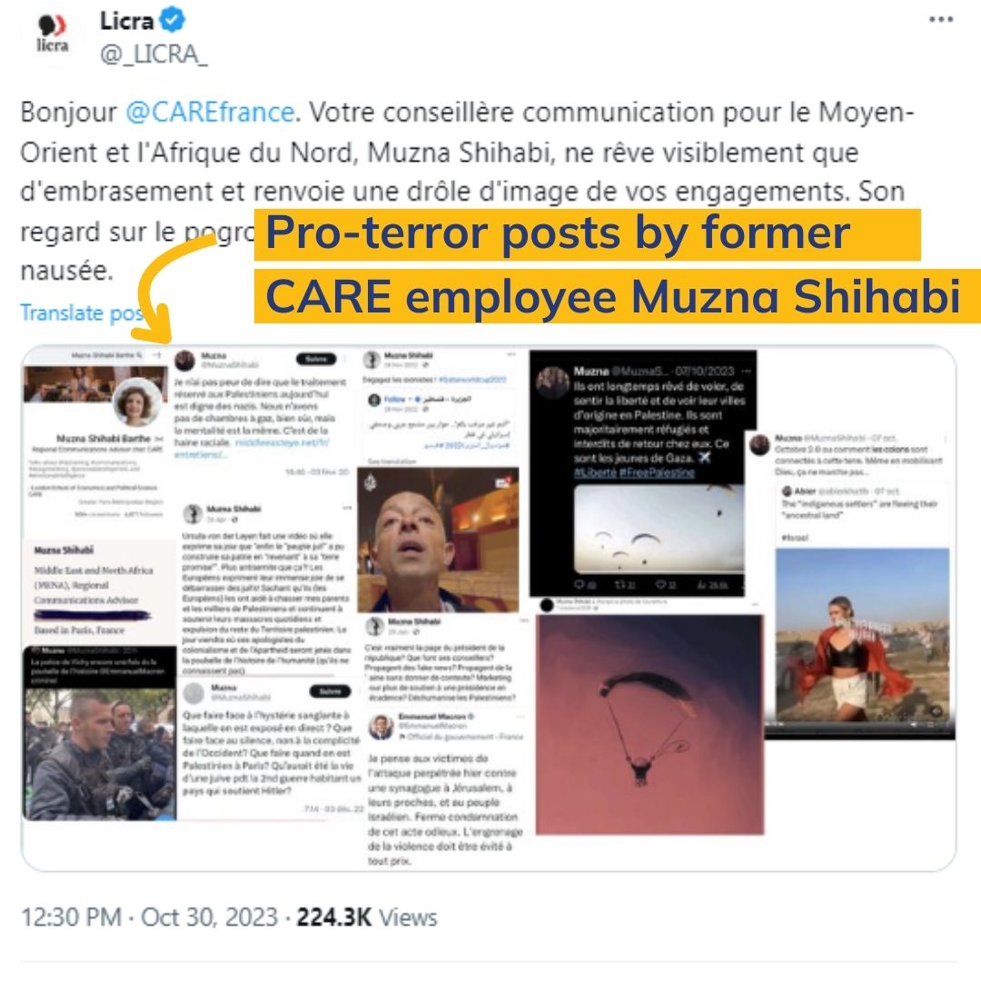 Former Communications Advisor at @CAREfrance Muzna Shihabi was fired after NGO Monitor Senior Researcher @vincent_chebat brought her pro-terror social media posts to the attention of @_LICRA_. The former NGO employee posted several tweets in support of the October 7th massacre.