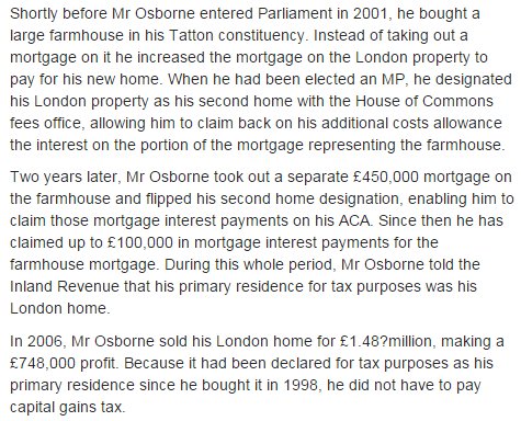 Forget @AngelaRayner this is how it's done George Osborne: Made over a million manipulating his expenses fraudulently to buy and sell a farmhouse and paddock, the taxpayer had to foot the bill (From the Telegraph) #pmqs