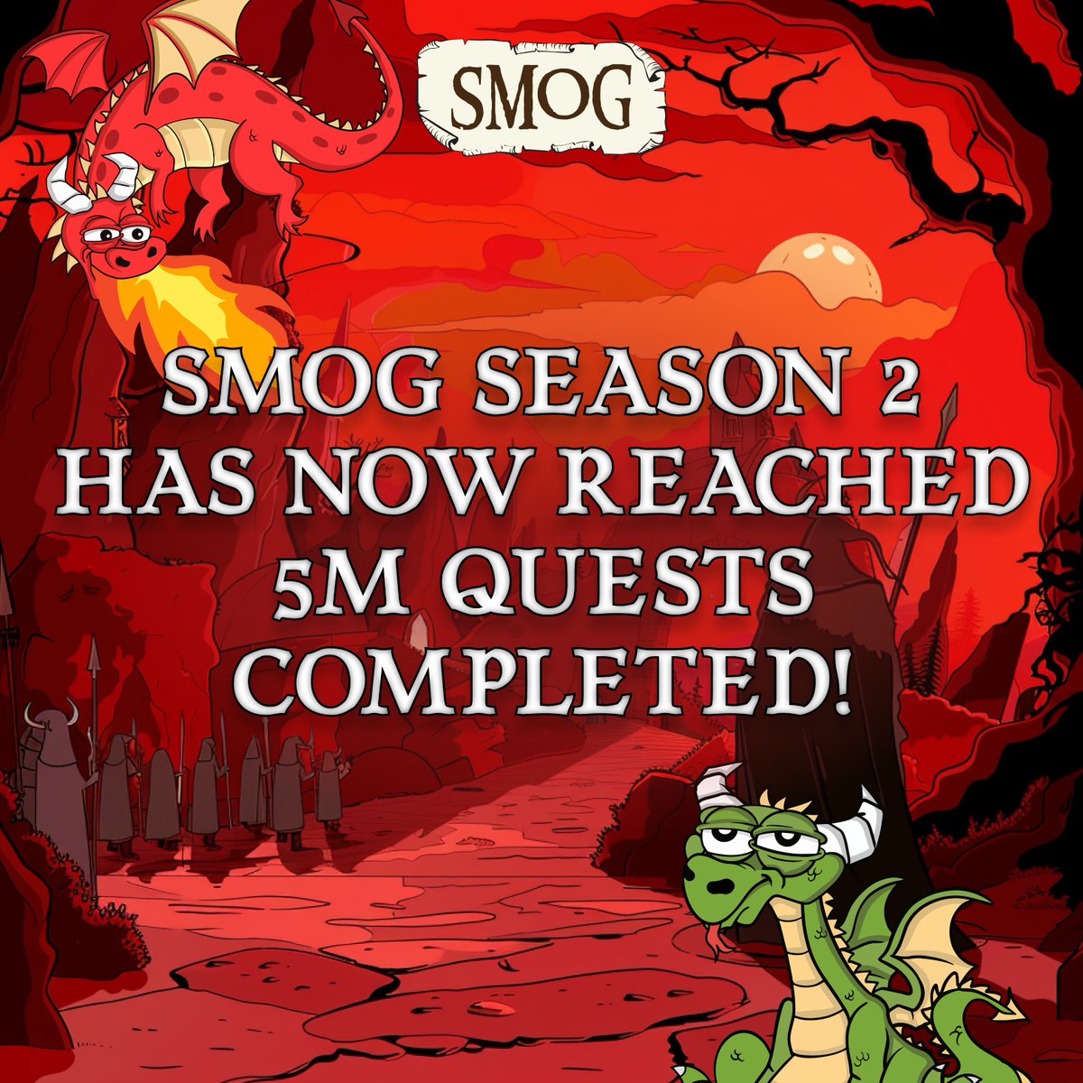 Another awesome milestone reached by our community! 🎉🐉 Over 5 Million quests completed in #SMOG Season 2! 🌟 Become a #Dragon today, trade $SMOG and climb the S2 leaderboard! 💪🔥 bit.ly/BuySmog #SmogSwap #TradeSmog #Solana #Memecoins