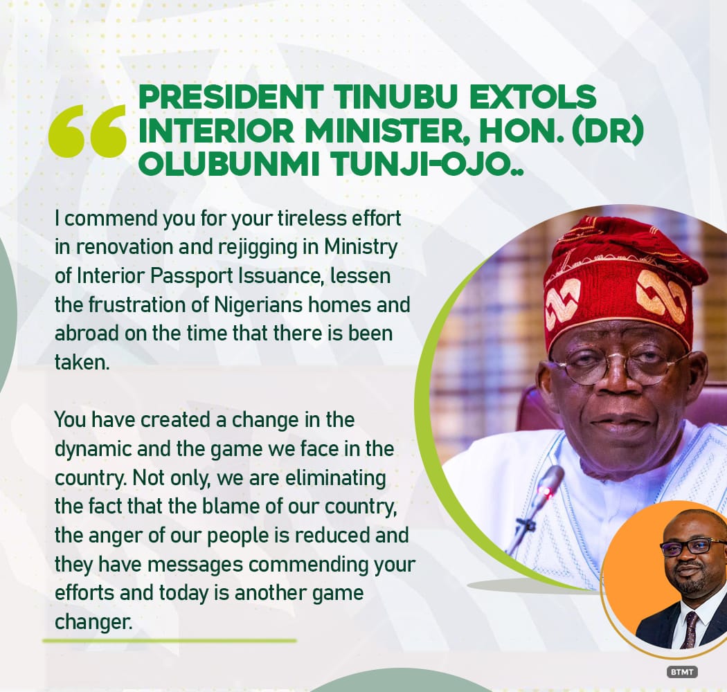 'I commend you for your tireless effort in renovation and rejigging in Ministry of Interior Passport Issuanc' - President Bola Ahmed Tinubu (GCFR) to Dr. Olubunmi Tunji-Ojo on his birthday. #BTOat42 #starboy Olubunmi Tunji-Ojo