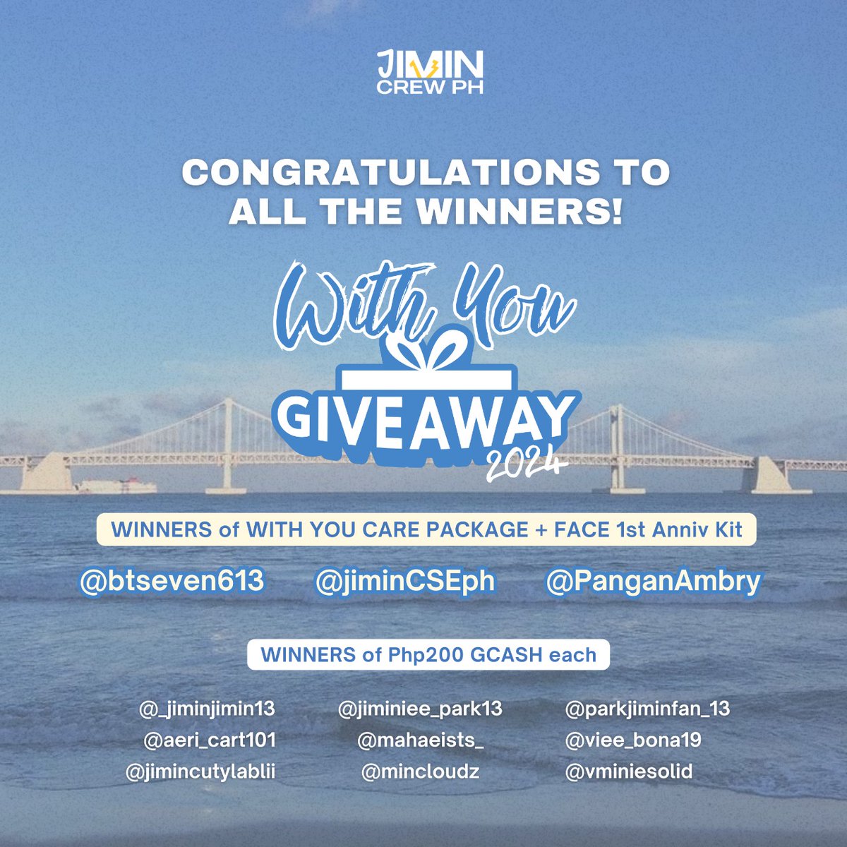 🥳 Congratulations, everyone! 

💙🎧 Thank you so much for joining our 5-day Streaming GA in celebrating 2nd Anniversary of 𝗪𝗶𝘁𝗵 𝗬𝗼𝘂 by #Jimin and Ha Sungwoon! 

📬 Winners must send a DM to @withjimincrewph within 13hrs. Tysm!

#2YearsWithYouJIMIN
#winwithjmcph