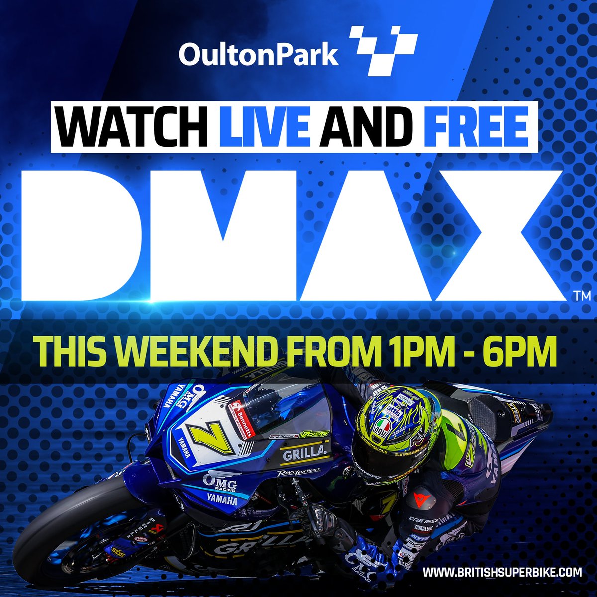 WATCH BENNETTS BSB LIVE AND FOR FREE THIS WEEKEND LIVE coverage will feature on DMAX from @Oulton_Park this Sunday and Bank Holiday Monday Watch all the @bennetts_bike BSB action live for free on Sky Channel 159, Virgin Media Channel 169, Freeview Channel 39