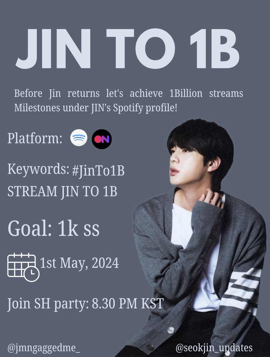 We're live on air right now! Jump in and join the party with us and @jmngaggedme_  on StationHead as we groove to Jin's tunes and push for that amazing 1 billion stream goal!

🗝️ #JINTO1B
STREAM JIN TO 1B
🎯 1K SS under both Post!

Join: stationhead.com/jinupdates 

Playlists —…