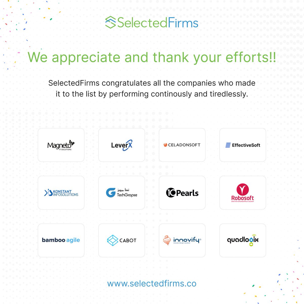 SelectedFirms sends a shout-out to all the software development companies in the United Arab Emirates:bit.ly/4aYuxXp

Congratulations!
@TenPearls 
@Robosoft 
@BambooAgile 
@cabotsolutions  
@Innovify 
@QuadLogix