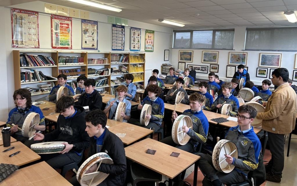 Some TY students had the opportunity to make their own personalised bodhráns in school. Thanks to Michael Vignoles who is a bodhrán & Uilleann pipe maker, a musician and craftsman from the Claddagh, Galway. Huge thanks also to Ms.Byrne who facilitated and organised the workshop.