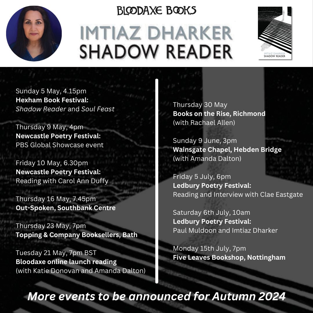 Many readings from @Idharker coming up over the next few months, including at @hexhambookfest, @NCLA_tweets, @OutSpokenLDN, @ToppingsBath, @BooksontheRise, @LedburyPoetry & @FiveLeavesBooks All event details here: shorturl.at/hszJO #ShadowReader published this month.