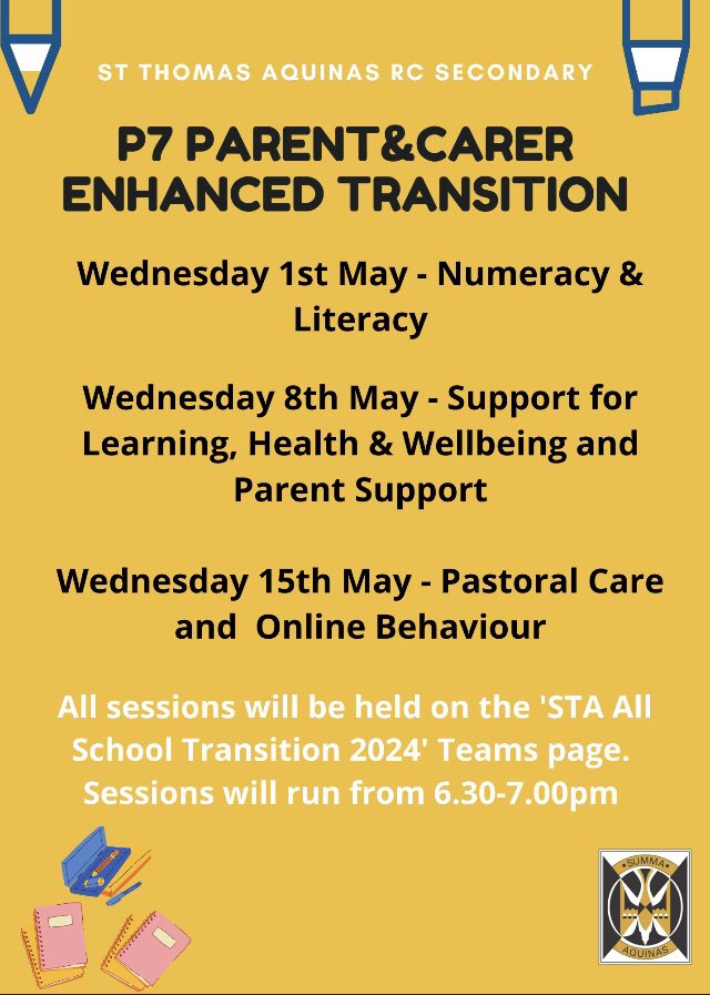 Looking to joining tonight’s online transition programme at 6:30! @StThomasAqSec ⭐️⭐️⭐️