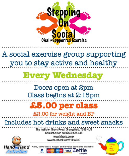Join us at our weekly chair supported exercise class, followed by refreshments and socialisation.
#ChairBasedExercise #ChairSupportedExercise #LetsEndLoneliness #OlderPeople #StocktononTees #SteppingOnSocial #DementiaFriendly #FallsPrevention