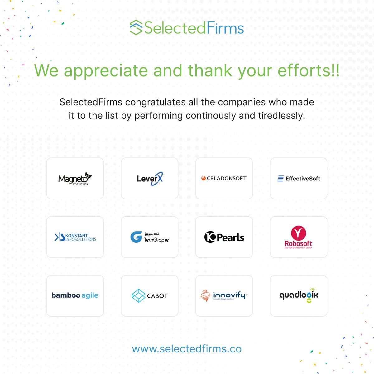 SelectedFirms sends a shout-out to all the software development companies in the United Arab Emirates: bit.ly/4aYuxXp

Congratulations!
@magnetoit  
@LeverX  
@CeladonSoft 
@EffectiveSoft  
@konstantinfo 
@techgropse 

#selectedfirms #software #softwaredevelopment