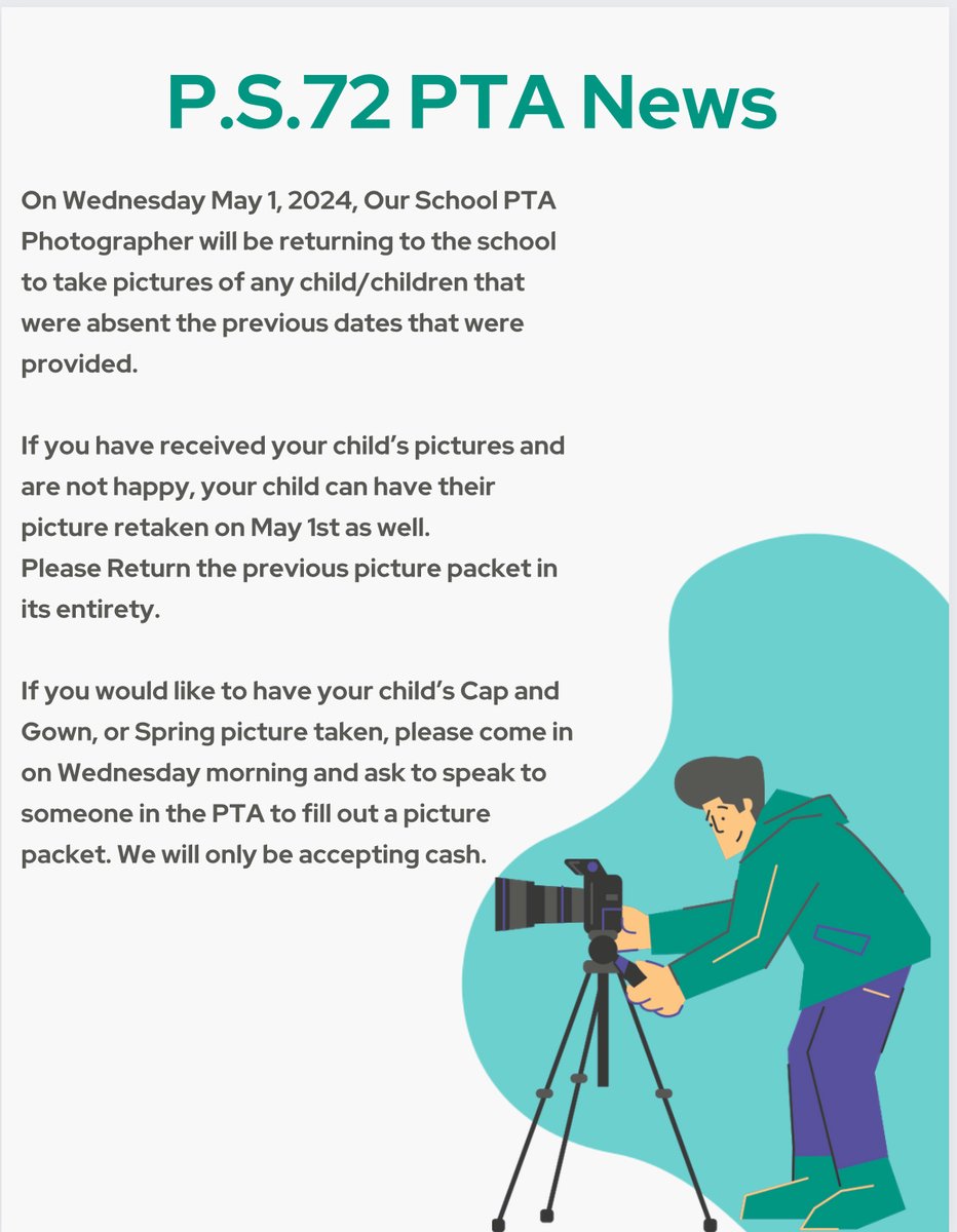 Please, check out news regarding Spring and Cap & Gown picture retakes from our @PS72xPTA . @Principal72x