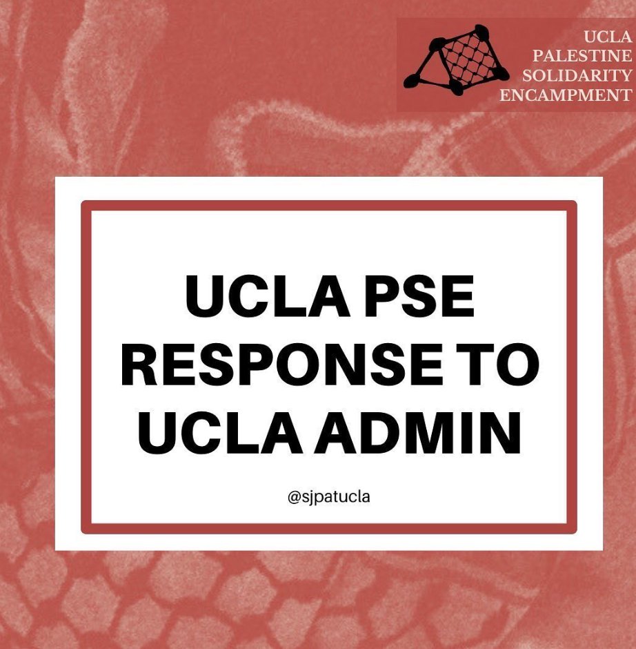 ICYMI: UCLA students statement from Tuesday night in response to school administration's threats: 'We will not leave. We will remain here until our demands are met.' Students have continued to show that they are not fucking around. Solidarity forever! twitter.com/PplsCityCounci…