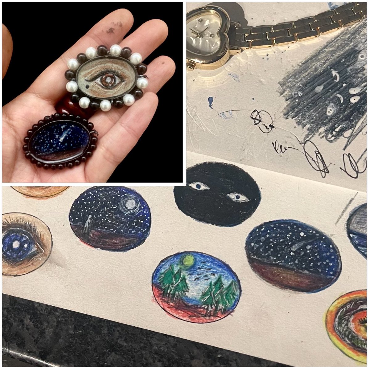 I’ve been experimenting the last couple of days. Created these small pendants with tiny prismacolor and watercolor drawings that I bezeled in silver then sealed in resin. Beads added and secured with small hooks soldered around the edges. Prototypes for now, but happy with the