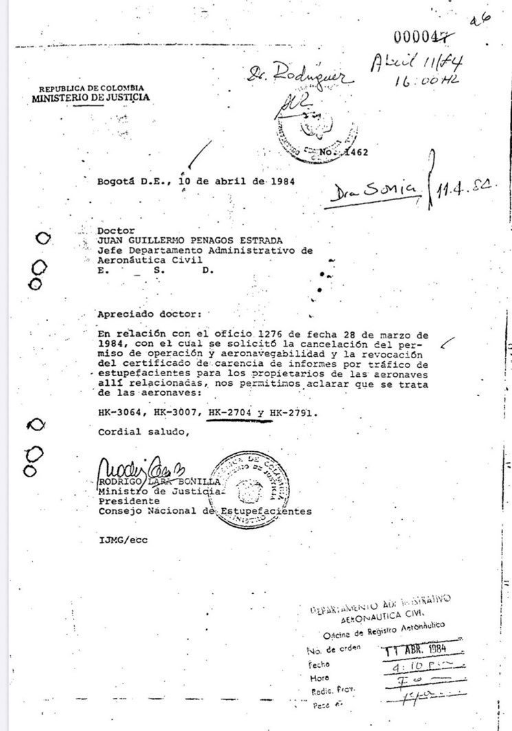 La orden de Rodrigo Lara Bonilla sobre el HK-2704 perteneciente al padre de Álvaro Uribe, unas semanas después fue asesinado
