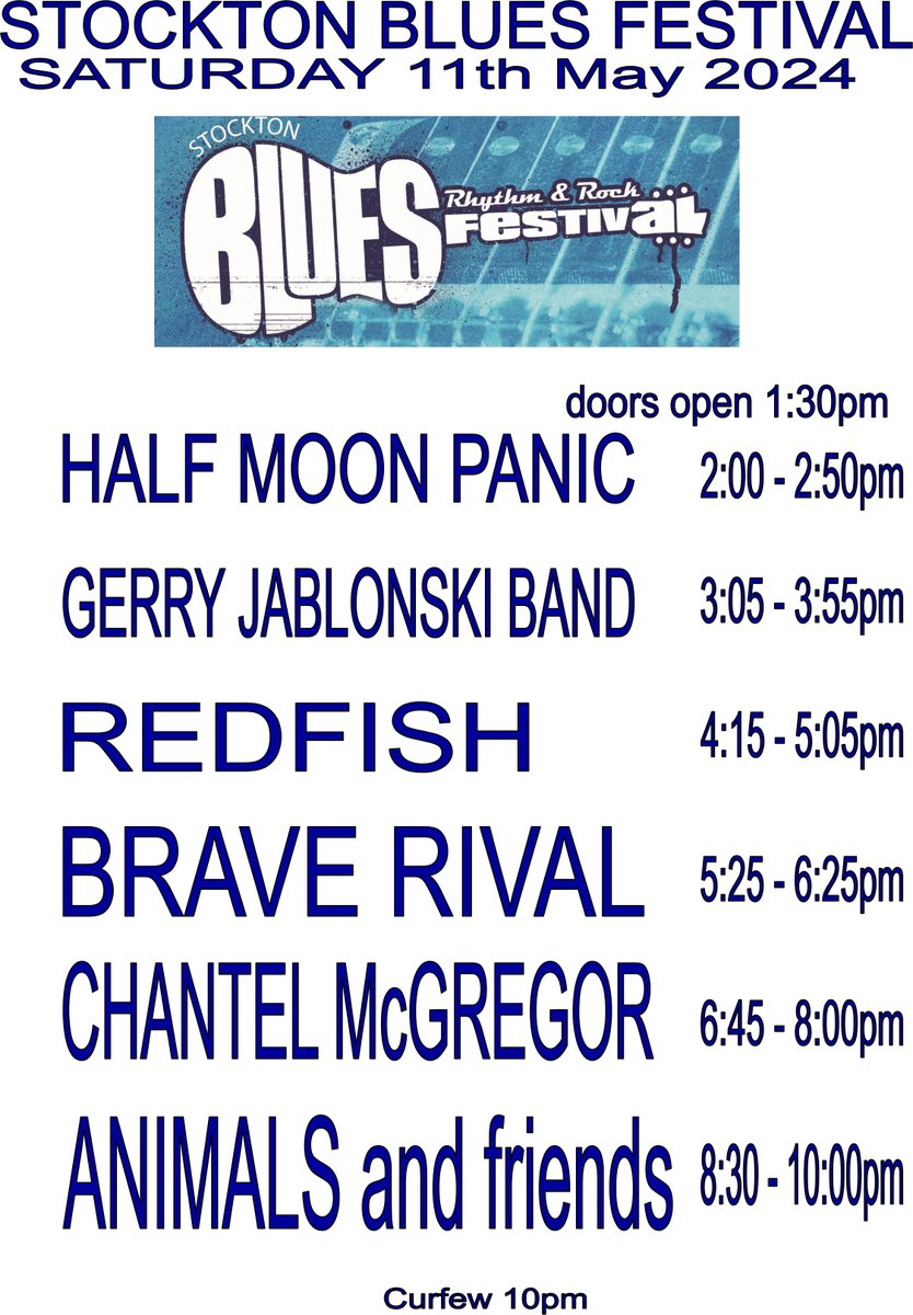 Festival Timings 🎸👇 Stockton Blues, Rhythm and Rock Festival have announced stage timings for their all day event next Saturday 📅 Sat 11 May | 1.30pm doors open 🎟️ arconline.co.uk/whats-on/stock…