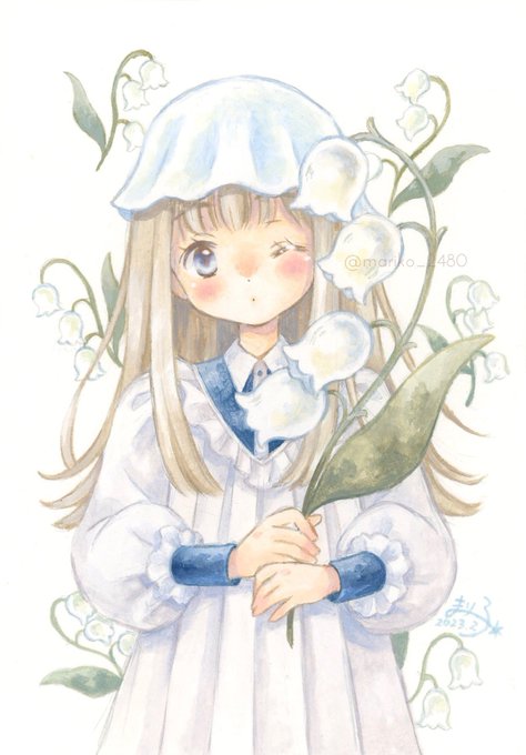 「holding flower puffy sleeves」 illustration images(Latest)