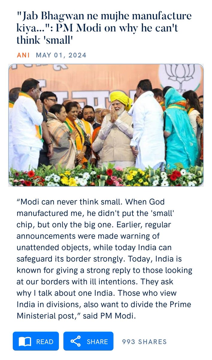 'Jab Bhagwan ne mujhe manufacture kiya...': PM Modi on why he can't think 'small' aninews.in/news/national/… via NaMo App