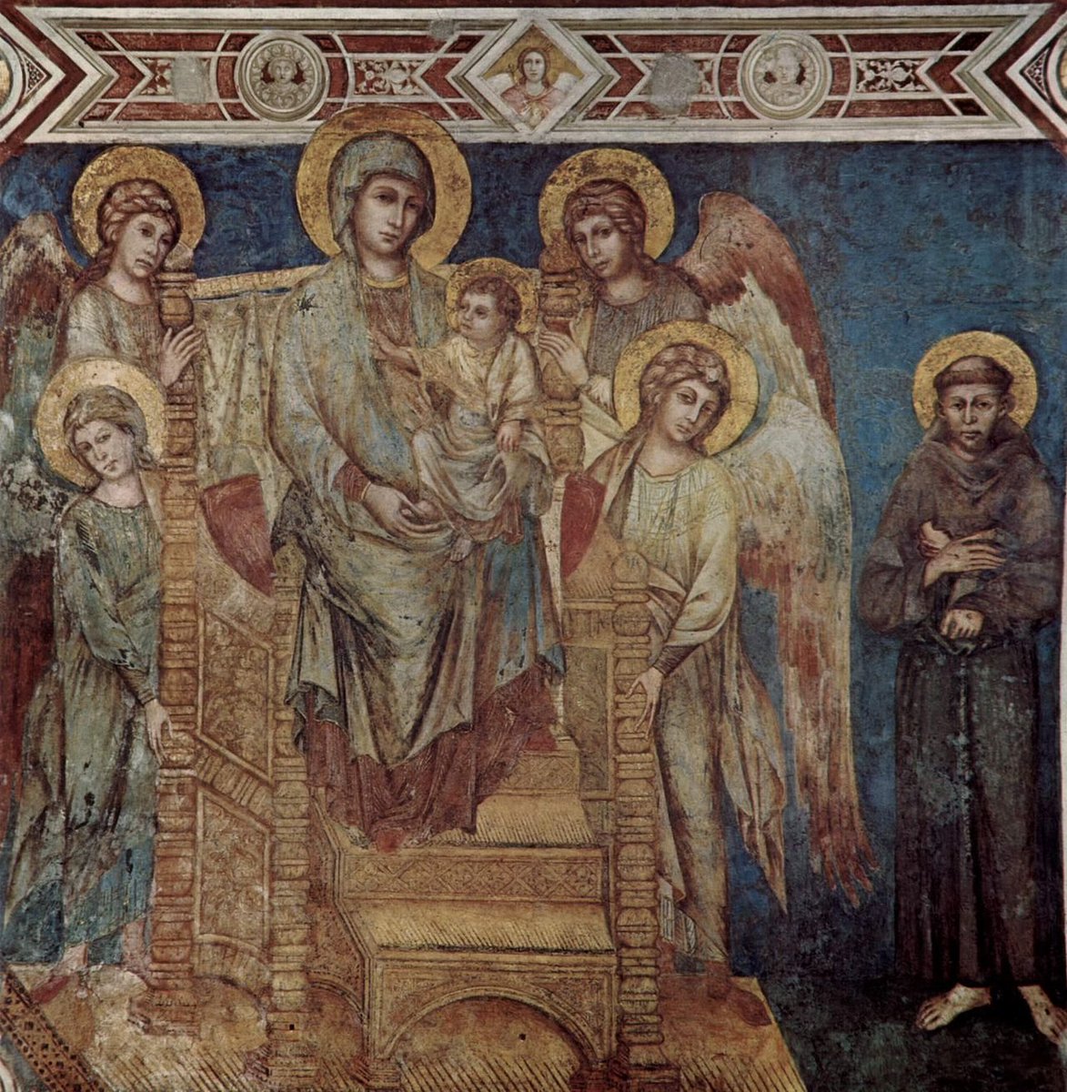 Madonna con ángeles y San Francisco, obra de Cimabue, hacia 1280, pintura al fresco sita en la iglesia inferior de Asís.