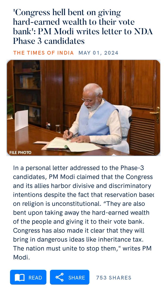 'Congress hell bent on giving hard-earned wealth to their vote bank': PM Modi writes letter to NDA Phase 3 candidates timesofindia.indiatimes.com/india/congress… via NaMo App