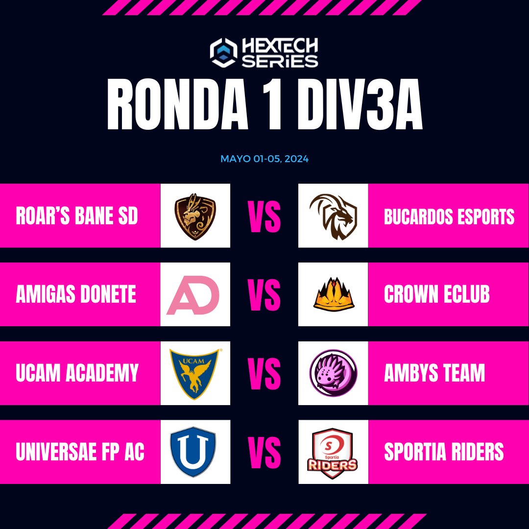 ⚔️¡Estos son los enfrentamientos de la ronda 1 del formato suizo de la #HextechSeries DIV3A @SomosLaTormenta !

¿Qué equipos se llevarán la primera victoria? Haz tus predicciones aquí abajo. 👇

#AmbysTeam #TheGameIsOurs💜 #LeagueOfLegends