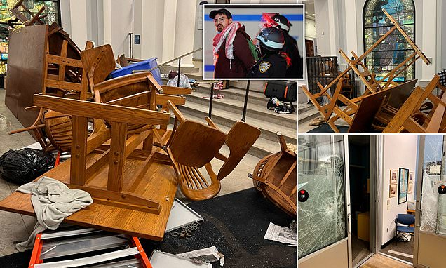 Clearly, the Univ. President inaction in this protest/riot created unsafe environments on campus. I could imagine lawsuits coming. Zero leadership. Inside trashed Columbia University hall after protesters' evicted Columbia University protesters smashed windows, upended