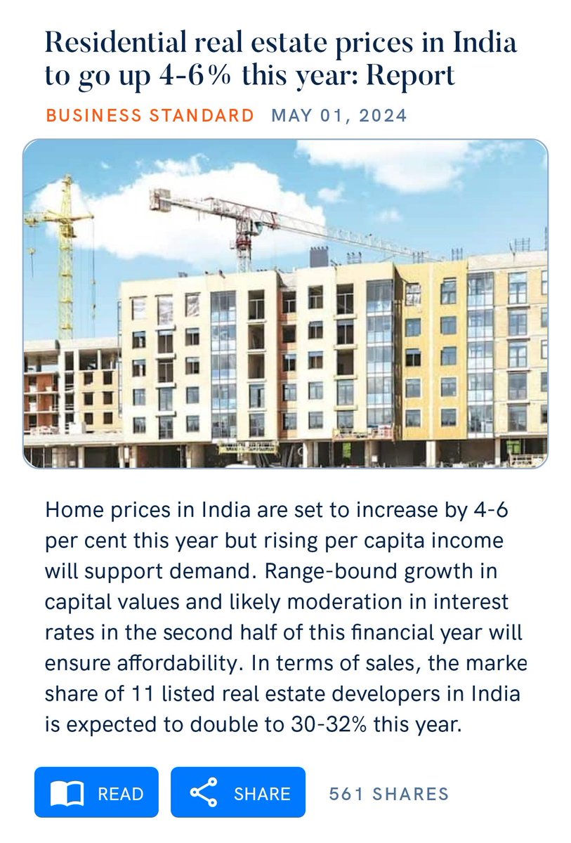 Residential real estate prices in India to go up 4-6% this year: Report business-standard.com/amp/industry/n… via NaMo App