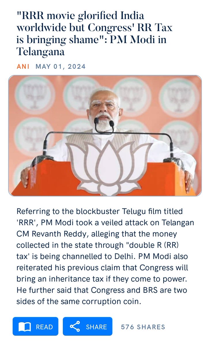 'RRR movie glorified India worldwide but Congress' RR Tax is bringing shame': PM Modi in Telangana aninews.in/news/national/… via NaMo App