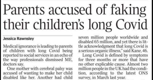 What we exposed @NotSeparation is confirmed in @thetimes “Parents accused of faking their children's #longCovid” 'Medical ignorance is leading to parents of children with long #Covid being reported to social services in an echo of the way professionals dismissed ME, doctors say.'