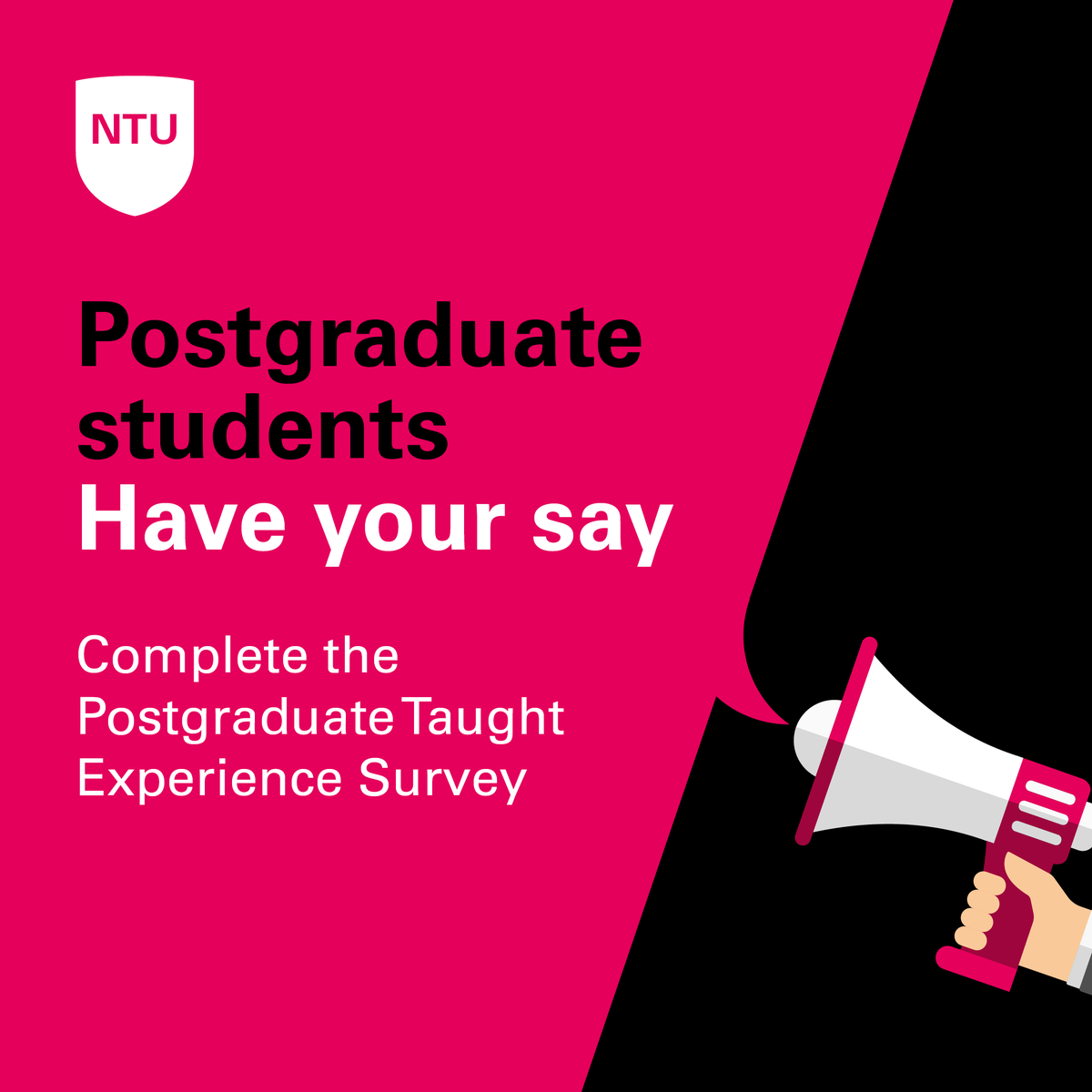 📢 Postgraduate taught students, please complete this survey to tell us what you think about your course and time here at NTU. You’ll be helping to shape the future of your course and you could win one of five £100 Amazon vouchers 👉 ntu.ac.uk/ptes