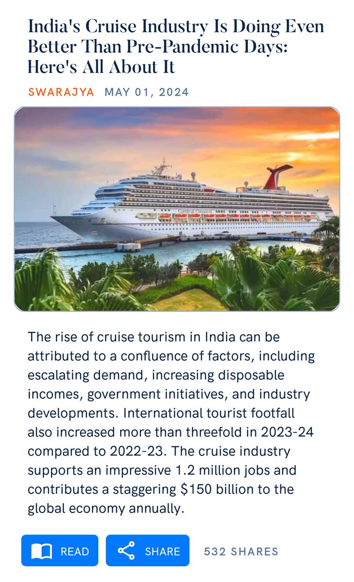 India's Cruise Industry Is Doing Even Better Than Pre-Pandemic Days: Here's All About It swarajyamag.com/infrastructure… via NaMo App