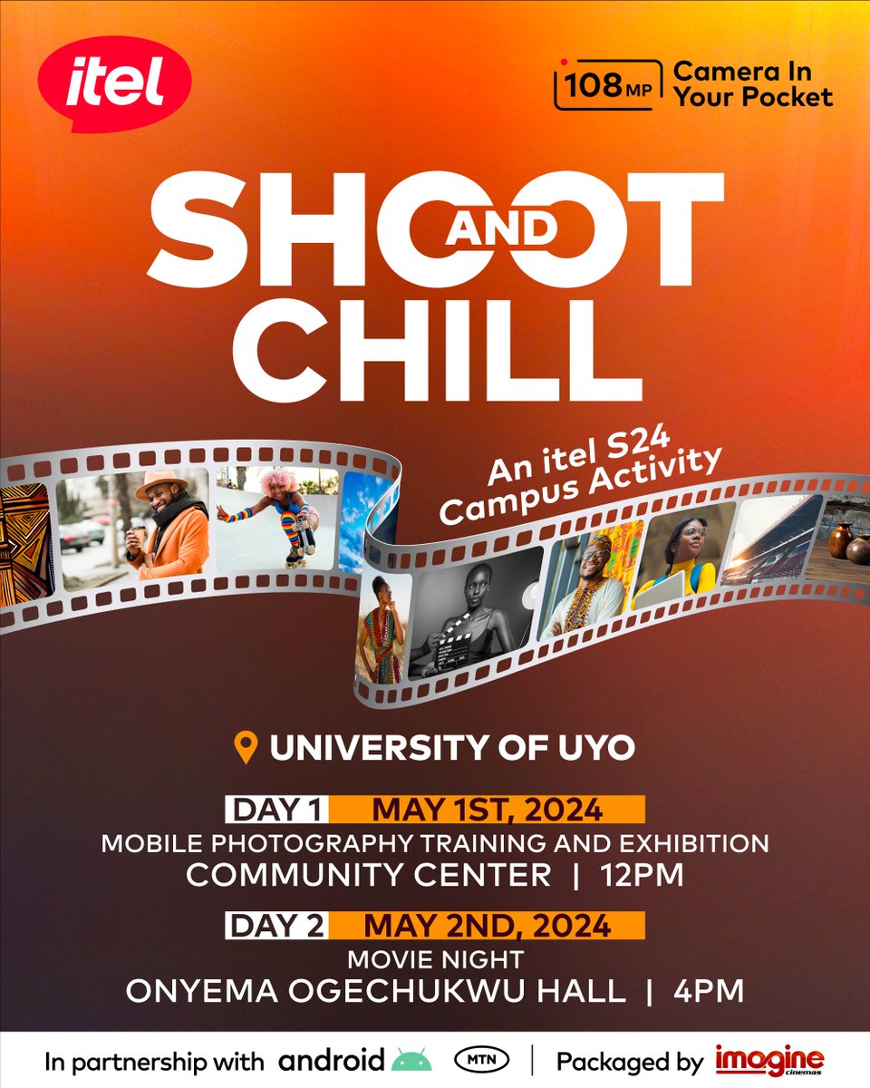 University of Uyo, are you ready? We're in your city! Join us today at the Community Centre for an exciting photography training session! Day 2 is for an epic cinema experience while chilling with your favs! 😍 #itelInUyo #ShootAndChillWithitelS24