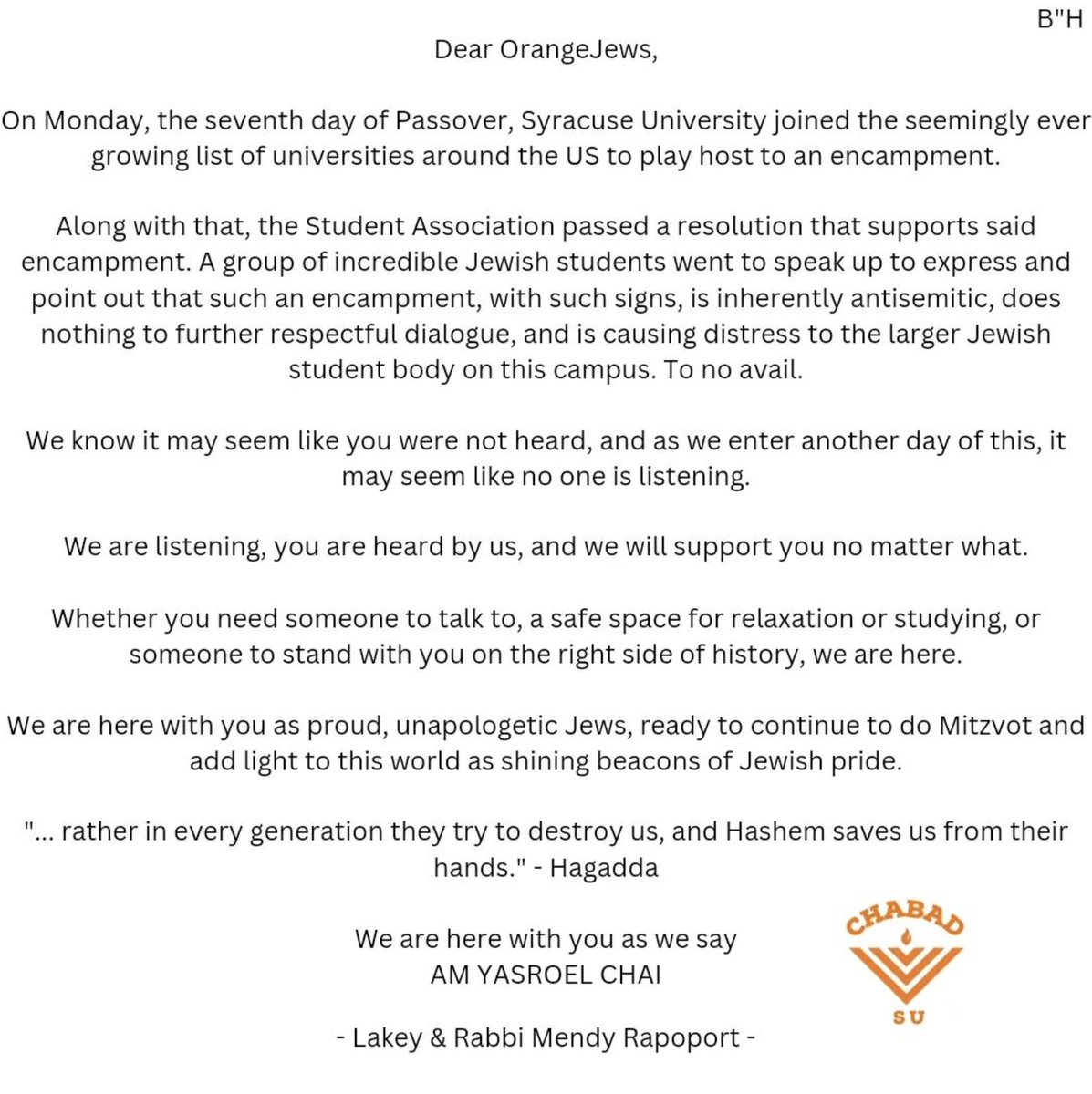 LeahCohnTV's tweet photo. #UPDATE: SU's Chabad House releases a statement via @chabadsu on insta. 

Addressed to "OrangeJews", the center says a group of SU Jewish students told the Student Association that the encampment is "antisemitic" and causes "distress to the larger Jewish student body". https://t.co/yWSO3sRSw9