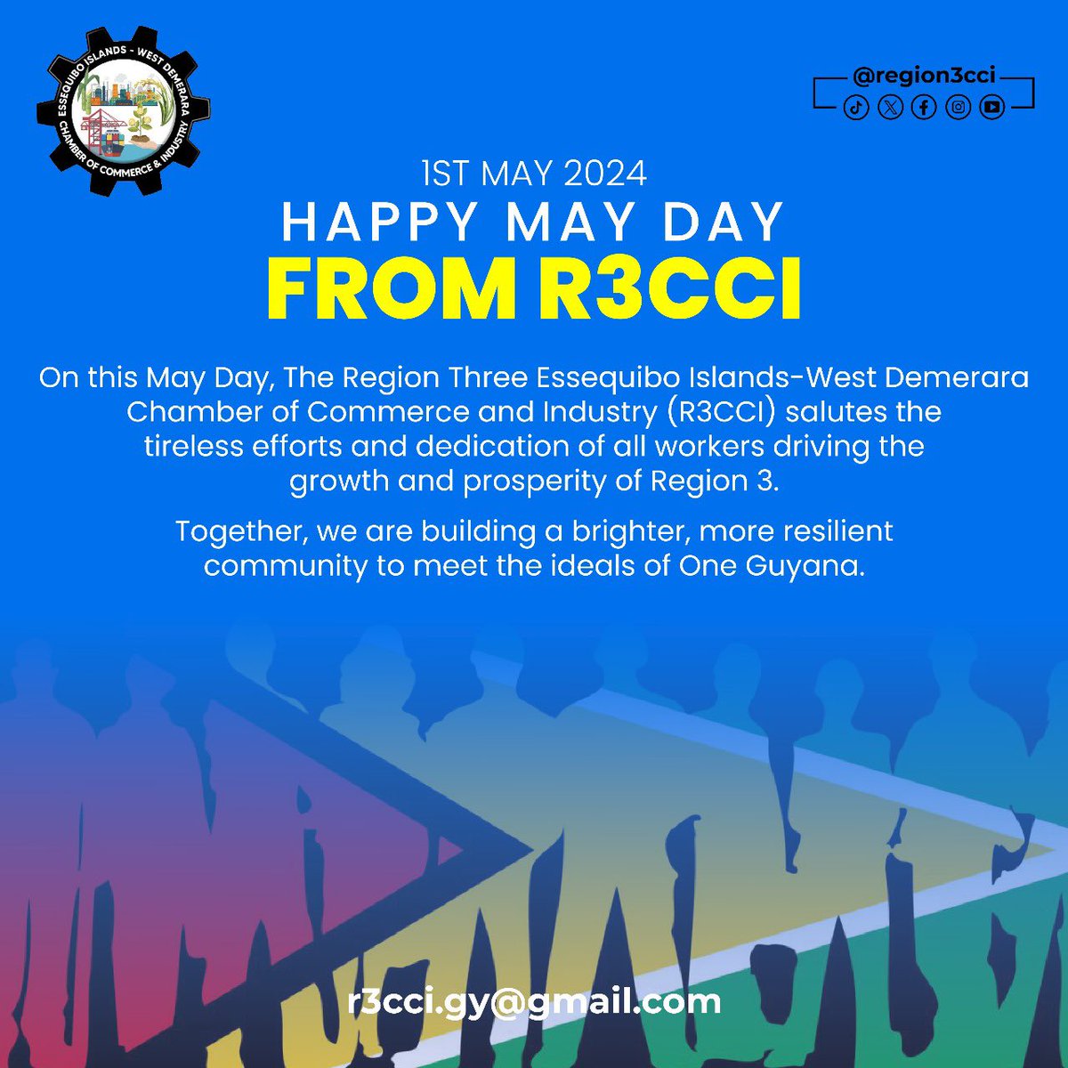 Happy Labour Day from R3CCI.

Together, we are building a brighter, more resilient community to meet the ideals of One Guyana.

#LabourDay #OneGuyana #CommunityBuilding #WorkforcePride #NationalUnity #MayDay2024 #Guyana #RegionalDevelopment #Region3CCI #r3cci