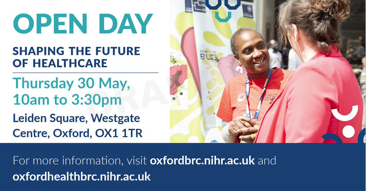 📅 Save the date for our Open Day @WestgateOxford on 30 May! Dive into the world of medical research with interactive exhibits on a wide range of health conditions. Learn about cutting-edge diagnostics and treatments while meeting our researchers oxfordbrc.nihr.ac.uk/brc-event/join…