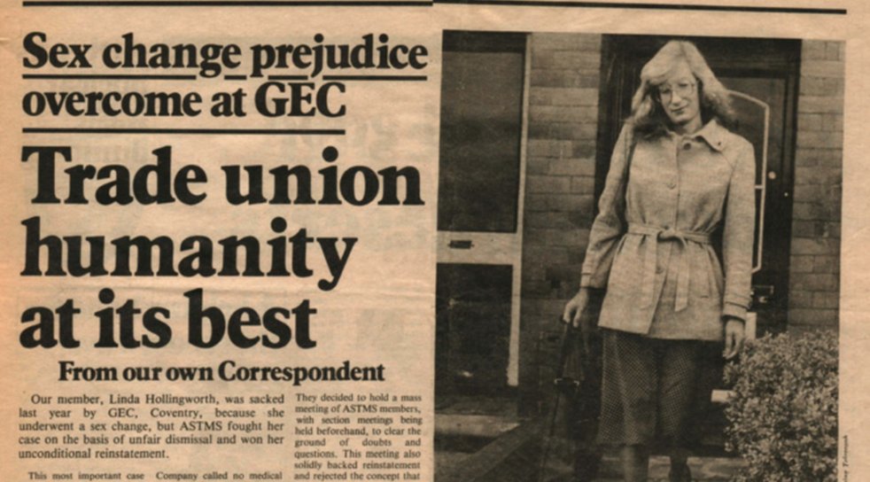 Happy May Day--always loved this story from 1982 about a British trans woman who was fired from her job at the General Electric Company after transitioning. Her fellow trade unionists at ASTMS rallied around her and successfully won her job back. digitaltransgenderarchive.net/files/b8515n41k