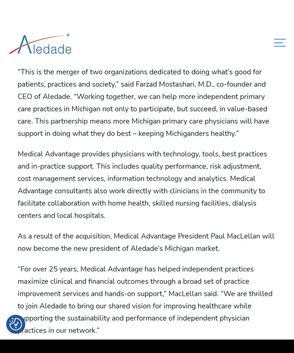 I have something to announce! We are so proud to welcome Michigan's Medical Advantage onto the @AledadeACO team We have a very high bar for acquisitions and MAG cleared it in every way- in excellence, service, quality. Expanding our presence in MI from 35 to 700 practices.