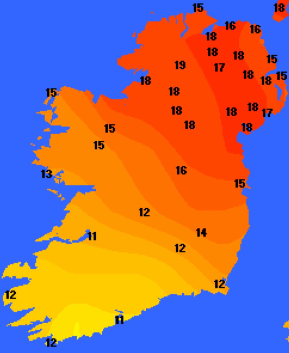Highs of 19/20C possible on Thursday - most likely around Tyrone/Fermanagh. Noticeably colder towards the south coast where cloud and rain is forecast.