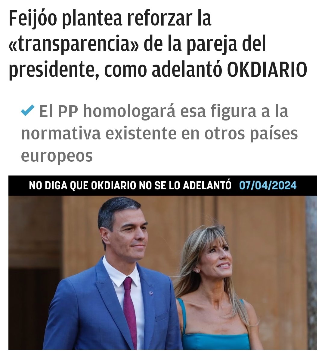 Otra estupidez de las muchas del PP. En España ya existe la figura de la Primera Dama que es la Reina. La mujer del Presidente del Gobierno no es nada. Solo se ha de esperar q no sea una delincuente, y si lo es q sea procesada, punto. Nadie la ha votado. #ConVoxOConNadie #TeamVox