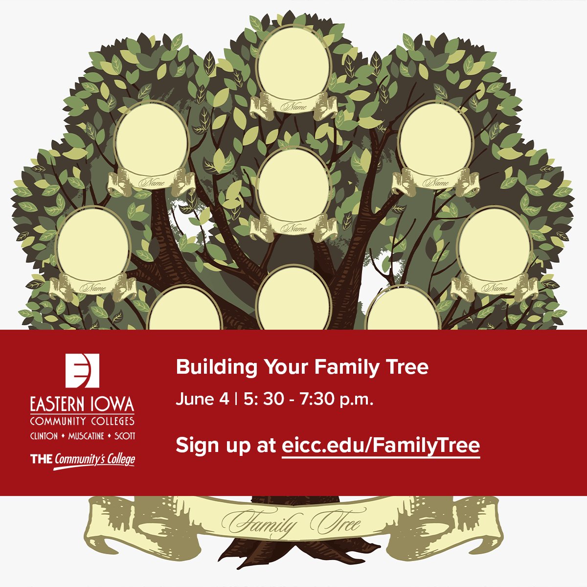 Start building your family tree through the use of internet hints, other publicly available family trees, and interviewing relatives. Students will receive a blank genealogy poster.

Sign up now at eicc.edu/FamilyTree

#THECommunitysCollege #Genealogy