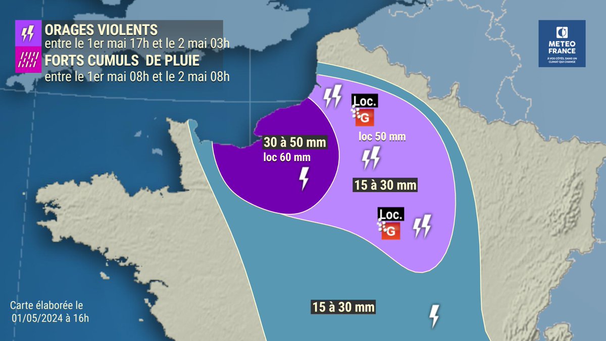 Un épisode pluvio-orageux se met en place ce soir entre  Bourgogne,  Champagne,  Ile-de-France et Picardie avec grêle, rafales de vent et fortes averses. Des cumuls de #pluie conséquents sont à craindre en Normandie.

Restez informés vigilance.meteofrance.fr