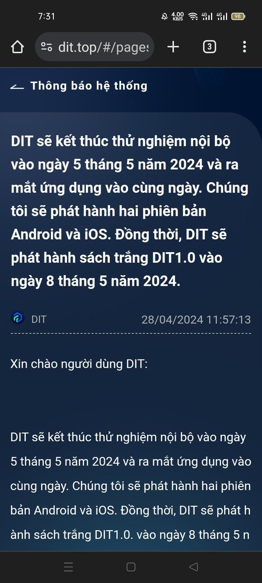 🙋👍 DIT Chain project has just started mining.
📲 Launch soon on Binance . OKX and Gate
🥇Total supply:  80 million
👉On May 5, the app will officially be released✈️
Link register: dit.top/#/pages/index/…
👉Referral code: 2njrze8t