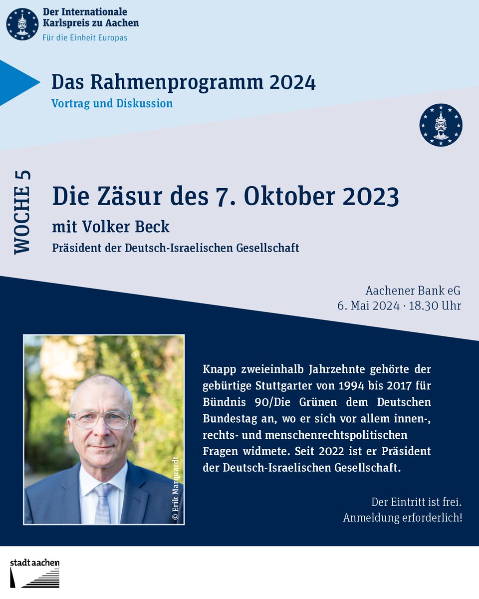 Am Montag spricht der Präsident von @digev_de @Volker_Beck im #Karlspreis2024-Rahmenprogramm über die Zäsur des 7. Oktober 2023 – und die Reaktionen in Deutschland.
🗓️6. Mai, 18.30 Uhr
📌Aachener Bank eG, Wirichsbongardstr. 50, Aachen
Anmeldung: veranstaltung@aachener-bank.de