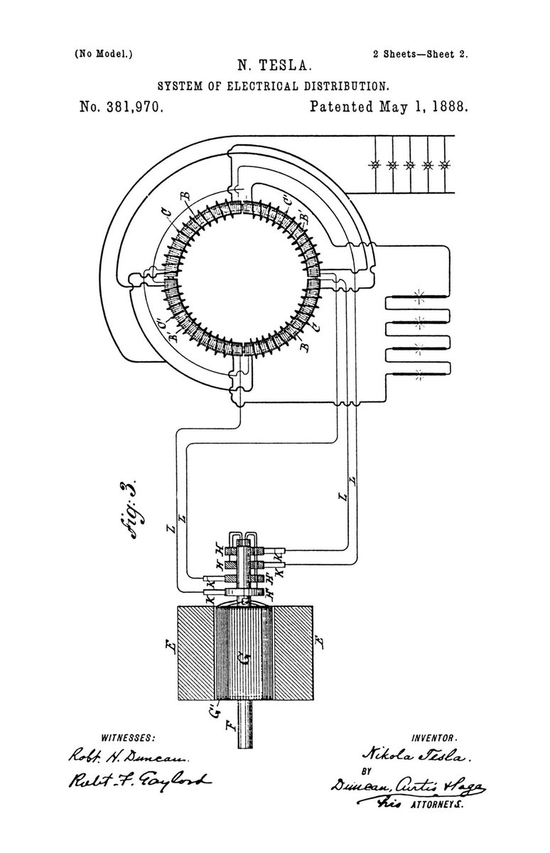 1/2 On this date in #innovation history: Nikola Tesla receives a #patent in 1888 for his #invention of alternating current (AC) generator & electrical distribution sys, which is universally used as power generation system #PatentsMatter @uspto @IndRevPod @patenthistory @zvisrosen